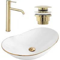 REA Set von Aufsatzwaschbecken Royal Gold Edge + Waschbeckenarmatur Lungo Gold + Stöpsel Gold