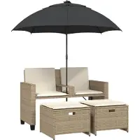 vidaXL Gartensofa 2-Sitzer Sonnenschirm und Hocker Beige Poly-Rattan