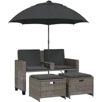 vidaXL Gartensofa 2-Sitzer Sonnenschirm und Hocker Grau Poly Rattan