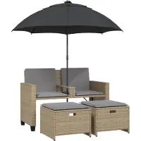 vidaXL Gartensofa 2-Sitzer Sonnenschirm und Hocker Beige Poly-Rattan