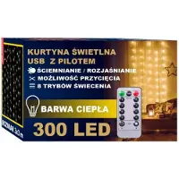 Krumad LED Lichtervorhang 3x3m - 300 Warmweiß LEDs mit Fernbedienung & USB - 8 Modi & Dimmfunktion - Lichterkette Vorhang Innen