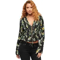 Superdry für Damen. W6011969A Blumenbluse 70S schwarz (S), Lässig, Viskose, Kurzarm