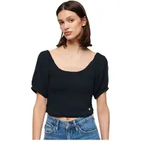 Superdry für Damen. W6011857A Gestricktes T-Shirt mit Rüschen in Navy (XS), Lässig, Viskose, Kurzarm, Marine