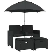 vidaXL Gartensofa 2-Sitzer Sonnenschirm und Hocker Schwarz Poly-Rattan