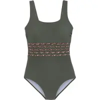 LASCANA Badeanzug "Adelin", Damen, Gr. 44, Cup D, grün (oliv, leo), Elasthan, Recycling-Polyamid, unifarben, Badeanzüge Badeanzug, mit Shaping-Effekt und bedruckten Details