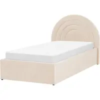 Beliani Bett mit Bettkasten Beige Samt Gepolstert Lattenrost 90 x 200 cm Hochklappbar Hohes Rundes Kopfteil Retro Schlafzimmer Möbel Ausstattung