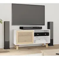 The Living Store TV-Schrank Weiß 80x30x40 cm Massivholz Kiefer und Natur-Rattan