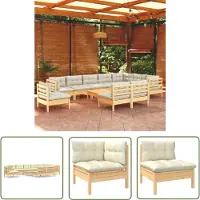 The Living Store 11-tlg. Garten-Lounge-Set mit Creme Kissen Massivholz Kiefer