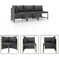 The Living Store 3-tlg. Garten-Lounge-Set mit Kissen Poly Rattan Grau