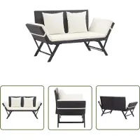The Living Store Gartenbank mit Auflagen 176 cm Schwarz Poly Rattan