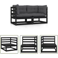 The Living Store Gartensofa 2-Sitzer mit Kissen Schwarz Kiefer Massivholz