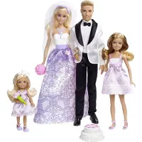 Barbie Traumhochzeit Geschenkset mit 4 Puppen und 5 Zubehörteilen, Hochzeitsparty mit Sträußen und Torte, Modepuppe, Männer & Frauen (Set), 3 Jahr(e), Junge/Mädchen, 323,9 mm, 1,17 kg