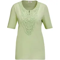 Goldner Kurzarmshirt "Elegantes Jerseyshirt mit Rundhals", Damen, Gr. 42, grün (lindgrün), Obermaterial: 92% Baumwolle CO. 8% Elasthan EL., Tubular, Shirts Kurzarmshirt, Effektvolle Häkelspitze