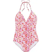 LASCANA Badeanzug "Jasmin", Damen, Gr. 42, Cup A/B, bunt (rot, flieder), Microfaser, floral, Badeanzüge Badeanzug, im Blümchen-Druck