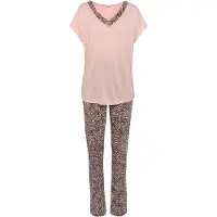 LASCANA Pyjama , Damen, Gr. 40/42, rosa (rosa anthrazit gemustert), Single Jersey, Obermaterial: 100% Viskose, bequem lang, V-Ausschnitt, angeschnitten, Homewear-Sets Pyjama, mit gemusterten Details