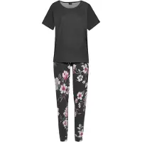 Vivance Pyjama DREAMS, Damen, Gr. 48/50, schwarz, Single Jersey, Obermaterial: 100% Baumwolle, geblümt, Basic, bequem, Rundhals, angeschnitten, Homewear-Sets Pyjama, mit Blumendruck, Topseller