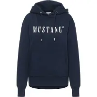Mustang Sweatshirt "Style Margo", Damen, Gr. S, blau (schwarz saphire), Web, Obermaterial: 100% Baumwolle, bedruckt, regular fit normal, ohne Ausschnitt, Sweatshirts Sweatshirt, mit Logo Print