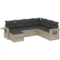 vidaXL 7-tlg. Garten-Sofagarnitur mit Kissen Hellgrau Poly Rattan