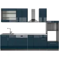 Vicco Küchenzeile Fame-Line Dunkelblau Hochglanz/Anthrazit 300 cm mit Hochschrank, AP Marmor, Model 49725