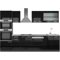 Vicco Küchenzeile R-Line Schwarz Hochglanz 300 cm mit Hochschrank, AP Marmor, Model 49551
