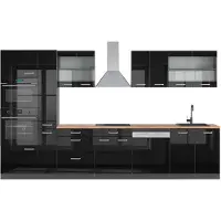 Vicco Küchenzeile R-Line Schwarz Hochglanz/Anthrazit 350 cm mit Hochschrank, AP Eiche, Model 49830