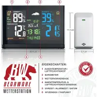 Bearware Funkwetterstation mit Farbdisplay, Wetterstation Funk mit 3 Außensensoren, Luftdruck, Temperaturtrend, Wetterprognose