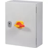 Eaton 197325 Lasttrennschalter, DMM, 125 A, 3-polig, NOT-AUS-Funktion, mit rotem Drehgriff und gelbem Sperrkranz, im Stahlgehäuse DMM-125/3/SE4/P-R