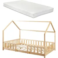 En.casa Kinderbett ’Sisimiut’ Montessori in Haus-Optik mit Matratze und Rausfallschutz Kiefernholz 120x200 cm Natur