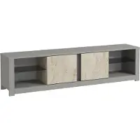 Skye Decor , Moderner TV-Ständer mit Glasregalen, 180 x 45 x 35 cm | 100% melaminbeschichtete Spanplatte, 18 mm dick | Wandmontage möglich, LED-Beleuchtung, Grau und Travertin.