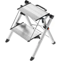 Hailo MK80 ComfortLine Alu-Klapptritt-Leiter - 2 große Stufen bis 150 kg - Komfort-Trittleiter mit Tragegriff mit integrierter Entriegelungsfunktion - Füße mit Soft-Grip-Sohle - rostfrei - Silber