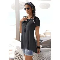 LASCANA T-Shirt mit verlängertem Rückenteil, Kurzarmshirt, Longshirt, Basic, Gr. 48/50, schwarz, , 770432-48