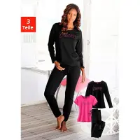 Vivance Pyjama DREAMS, Damen, Gr. 48/50, pink (pink, schwarz), Single Jersey, Obermaterial: 100% Baumwolle, unifarben, Basic lang, Rundhals, Homewear-Sets Pyjama, mit Frontschriftzug, Topseller