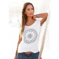 LASCANA Strandshirt , Damen, Gr. 32/34, weiß, Jersey, Obermaterial: 100% Viskose, unifarben, figurumspielend hüftlang, Rundhals, Shirts Strandshirt, mit Print und glänzendem Effekt, Ethno-Look, casual