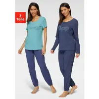 Vivance Pyjama DREAMS, Damen, Gr. 52/54, blau (blau, dunkelblau), Single Jersey, Obermaterial: 100% Baumwolle, unifarben, Basic lang, Rundhals, Homewear-Sets Pyjama, mit Frontschriftzug