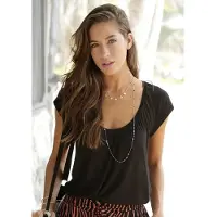 LASCANA V-Shirt , Damen, Gr. 40/42, schwarz, Jersey, Obermaterial: 100% Viskose, figurumspielend hüftlang, tiefer V-Ausschnitt, Shirts V-Shirt, mit breitem Gummizugbund, T-Shirt mit V-Ausschnitt, Basic