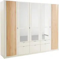 Priess Kleiderschrank , weiß (weiß, edelbuchefarben), B:230cm H:193cm T:54cm, Holzwerkstoff, Schränke, Kleiderschrank, mit gerundeten Elementen auf den Außentüren