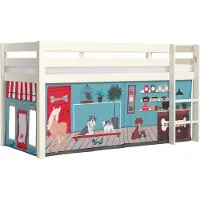 Vipack Halbhohes Bett PINO, mit Textilset "Pet Shop", Ausf. Kiefer massiv weiß lackiert