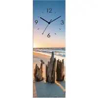 ARTland Glas Wanduhr Quarzuhr - schwarzer Zeiger Sonnenuntergang Strand Wellenbrecher Größe: 20x60 cm