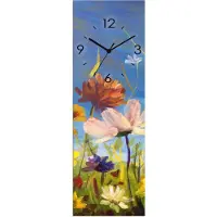 ARTland Glas Wanduhr Funkuhr - schwarzer Zeiger Wildblumenwiese blauer Himmel Größe: 20x60 cm