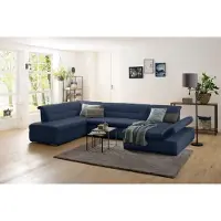 Home affaire Wohnlandschaft "Avesa U-Form", blau (dunkelblau), B:355cm H:80cm T:216cm, 100% Polyester, Sofas, Wohnlandschaft, Wahlweise mit Armteilverstellung und Bettfunktion, B/T/H: 355/216/80cm