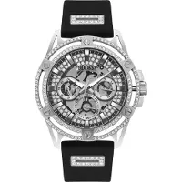 GUESS Herren Multifunktionsuhr Trend King, 48mm, goldfarbenes Edelstahlgehäuse, schwarzes Silikonarmband