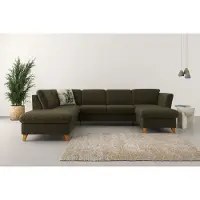 Home affaire Wohnlandschaft "Trelleborg U-Form", grün (olive), B:307cm H:86cm T:213cm, 100% Polyester, Sofas, Wohnlandschaft, Federkern-Polsterung, wahlweise mit Schlaffunktion und Stauraum