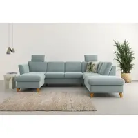 Home affaire Wohnlandschaft "Trelleborg U-Form", blau (aqua), B:307cm H:86cm T:213cm, 100% Polyester, Sofas, Wohnlandschaft, Federkern-Polsterung, wahlweise mit Schlaffunktion und Stauraum