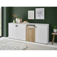 Home affaire Sideboard "Hudson", weiß (weiß, eiche), B:200cm H:80cm T:42cm, Holzwerkstoff, Sideboards, Sideboard, in moderner Trendfarbe, Griffe aus Metall (Schwarz), Breite 200 cm