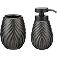 Wenko Badaccessoire-Set "Modell Idro Anthrazit", grau, strukturiert, Keramik, Kunststoff, Badaccessoires-Sets, Badaccessoire-Set, Seifenspender und Zahnputzbecher aus Keramik mit Linien-Struktur