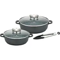 GSW Pfannen-Set "Gourmet Granit" Aluminiumguss Set, 1x Servierpfanne mit Glasdeckel 24cm, 28cm, Servierzange, 5 Stk. tlg. Aluminium-Guss, VITAFLON GRANIT Antihaft-Versiegelung, Induktion