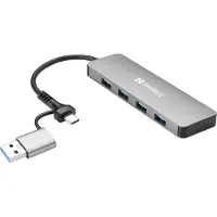 Sandberg USB-C/A to 4xUSB 3.0 Hub, USB 3.2 Gen 1 (3.1 Gen 1) Type-A + Type-C, USB 3.2 Gen 1 (3.1 Gen 1) Type-A, 5000 Mbit/s, Aluminium, Aluminium, USB