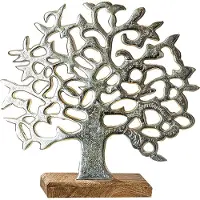 Gilde Dekoobjekt "Lebensbaum auf Holzbase, silber", silber (silberfarben), B:49cm H:46cm T:8cm, Aluminium, Massivholz, Dekofiguren, Dekoobjekt, Höhe 46 cm, aus Metall, Sockel aus Holz, Wohnzimmer