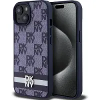 DKNY PU Leather Checkered Pattern and Stripe Case for iPhone 15 Blue