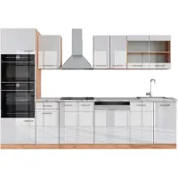 Vicco Küchenzeile R-Line Weiß Hochglanz/Goldkraft Eiche 300 cm mit Hochschrank, AP Marmor, Model 43031
